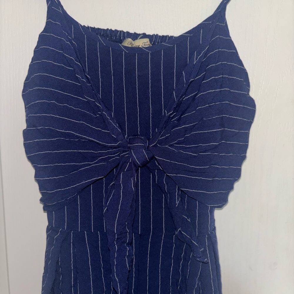 Navy Blue Striped Dress with Bow Detail